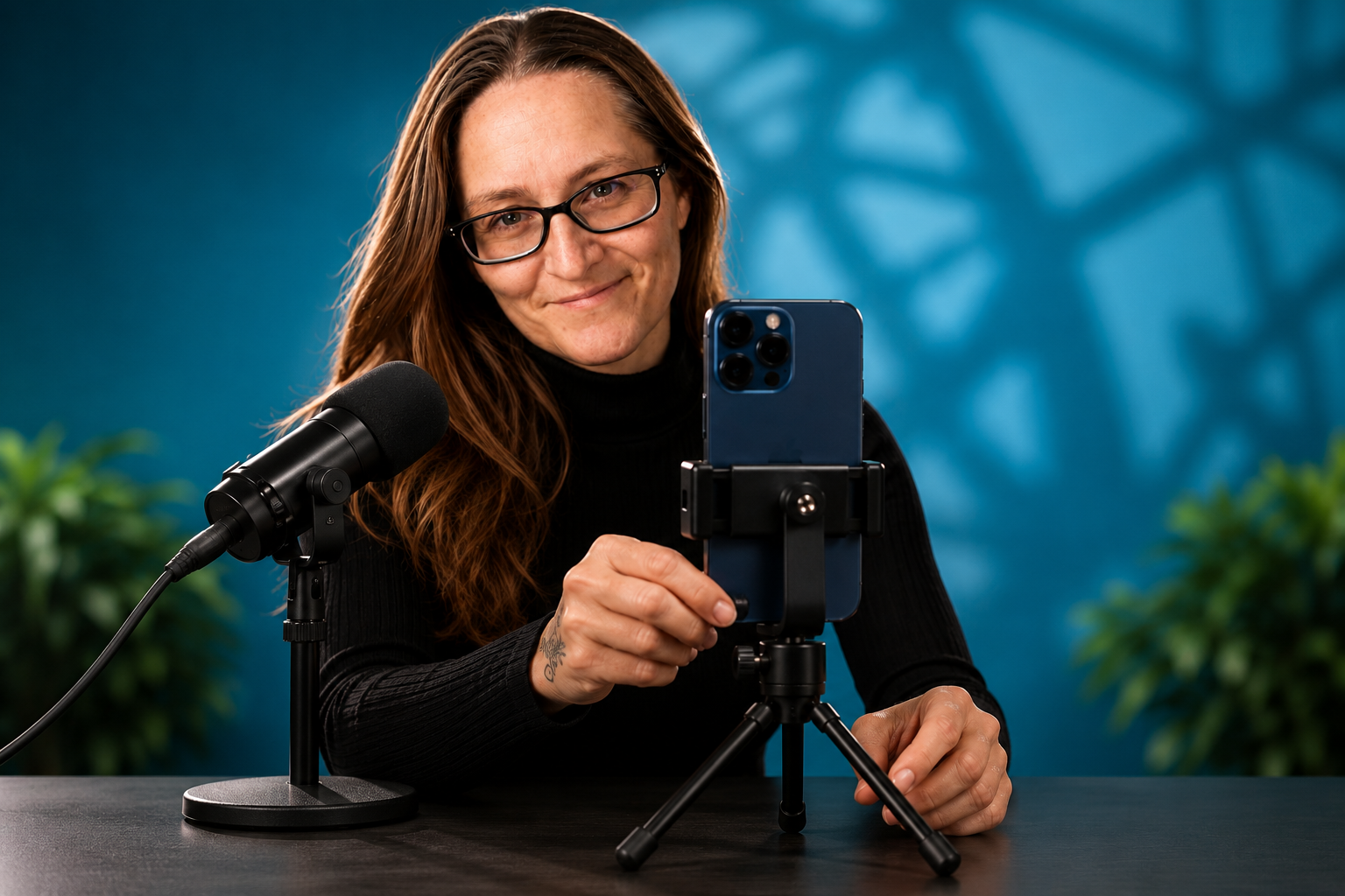 Tricia Warring filming content on her phone tripod
